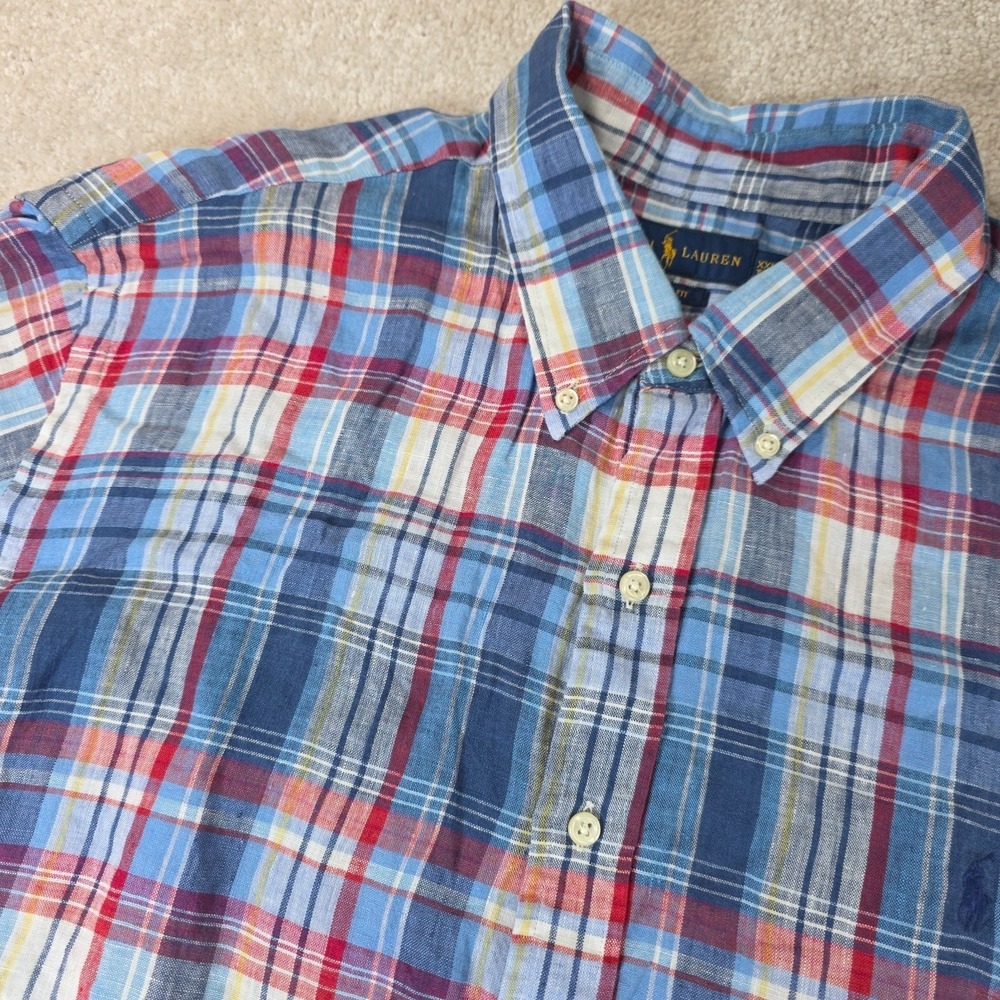 Ralph Lauren Shirt Mens 2XL Blue Plaid Button-Down Custom Fit Short Sleeve